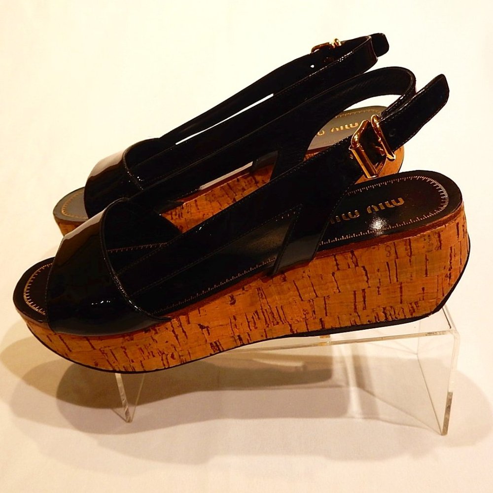Miu Miu Black Patent Cork Wedge Sandals in Eur 37